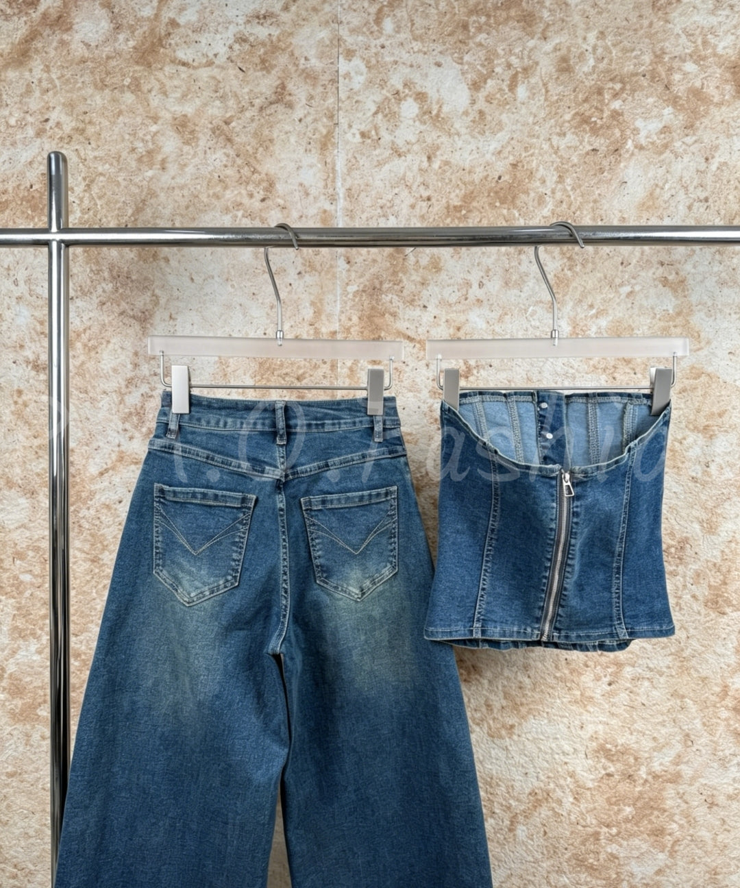 Denim Bandeau Top & Wide-Leg Pants Set[Available Now]