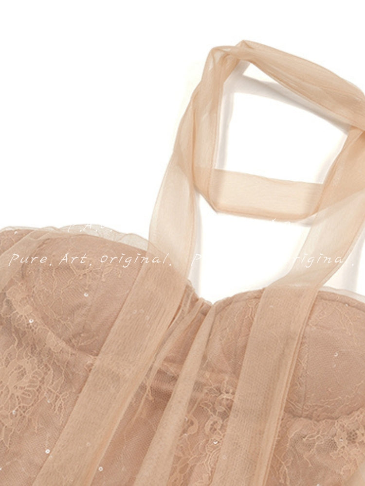 Strapless Mesh Train Maxi Dress