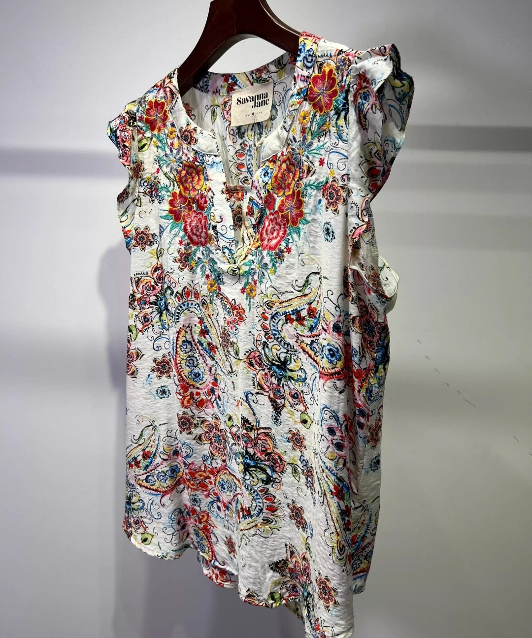 Bohemian Embroidered Paisley Ruffle Sleeveless Top