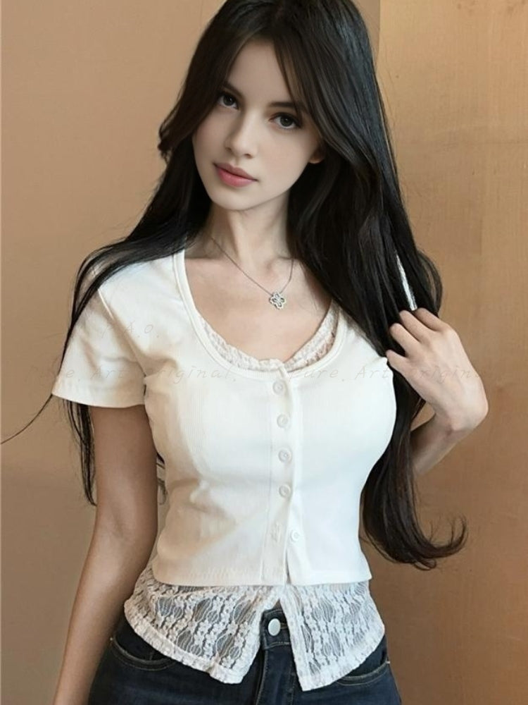 Lace Trim Two-Layer Look Short Sleeve T-Shirt