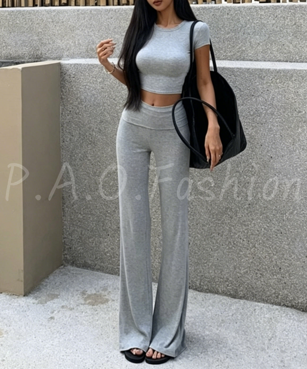 Fitted Cropped Tee & Flared Pants Set[Available Now]