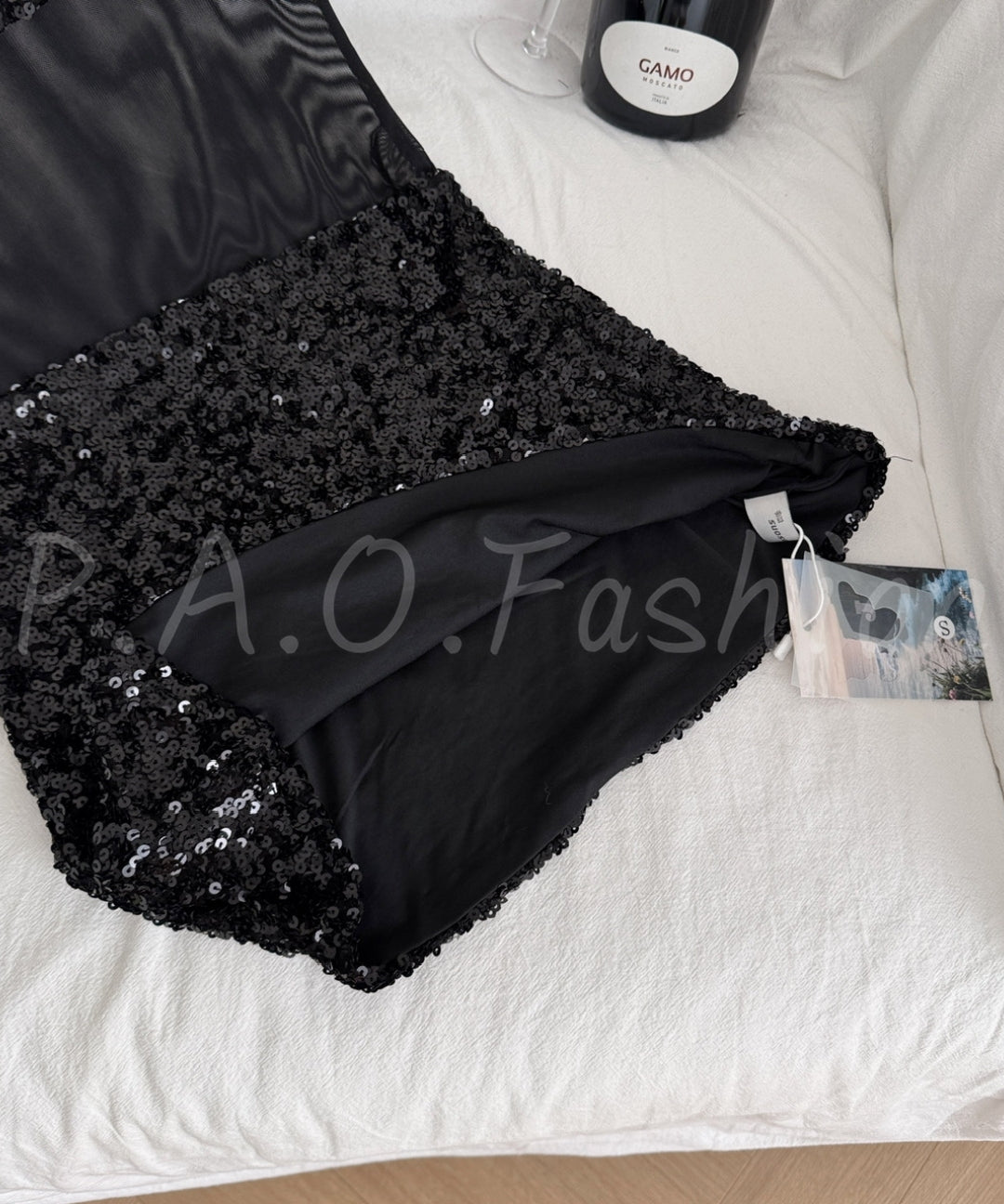 Black Sequin Mesh Panel Strapless Mini Dress[Available Now]