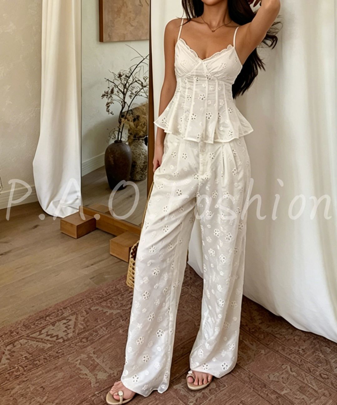 Embroidered Eyelet Wide-Leg Set