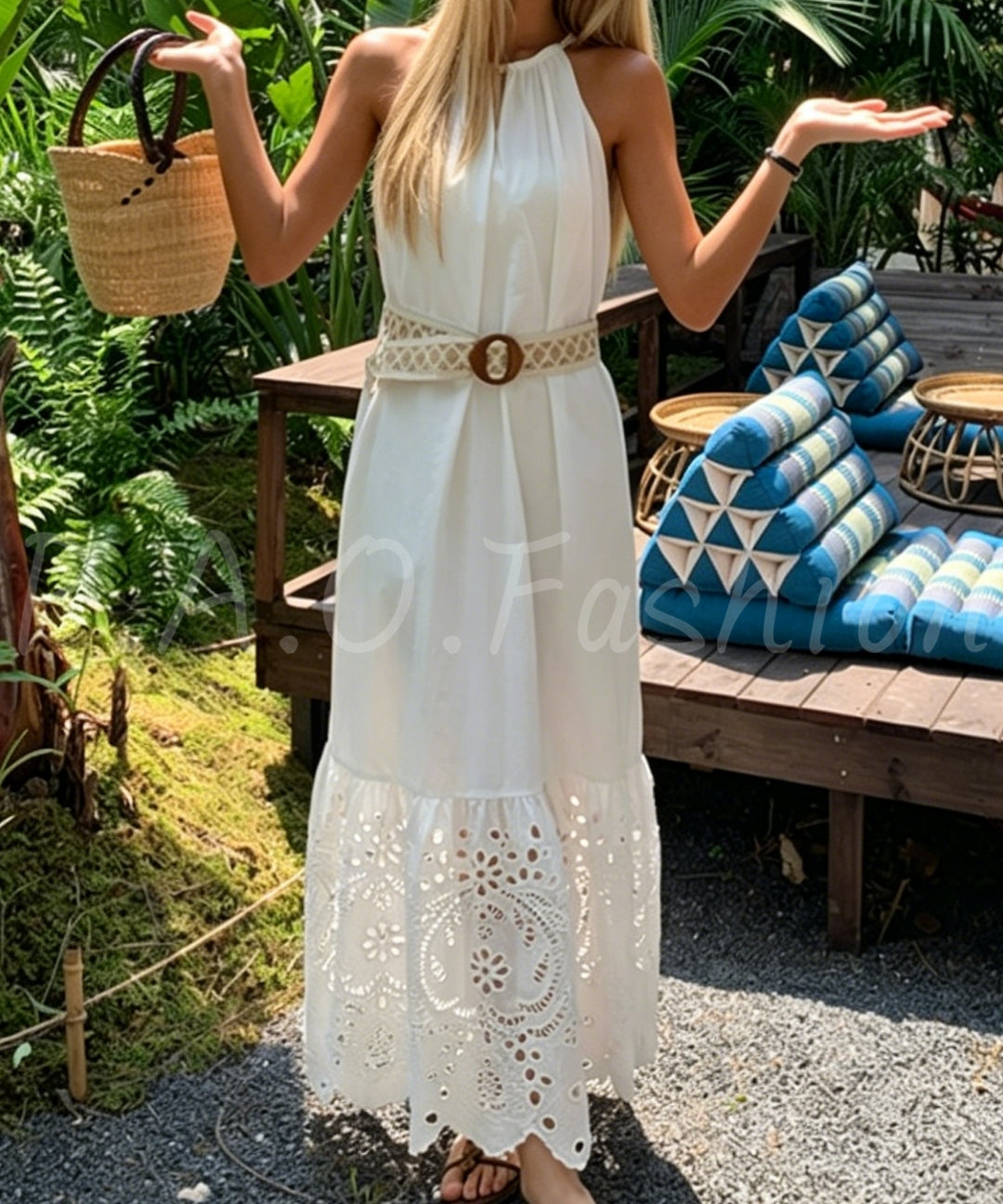 Bohemian Halter Hollow Cotton Maxi Dress[Available Now]