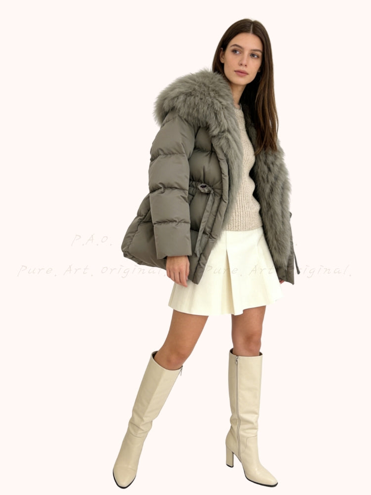 Warm Down Jacket with Turn-Down Collar & Detachable Fur Trim