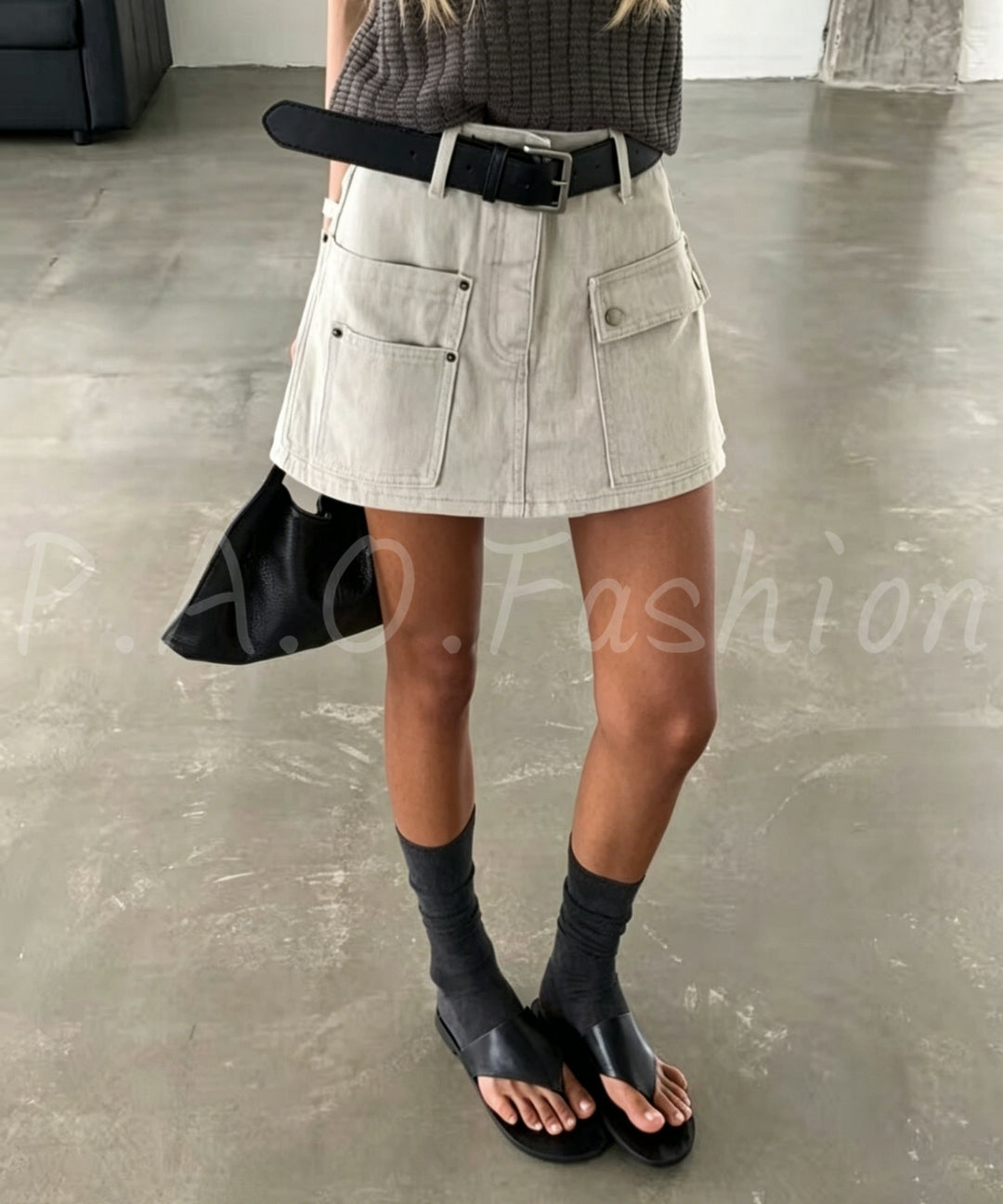 High-Waisted Cargo Denim Skort With Belt[Available Now]