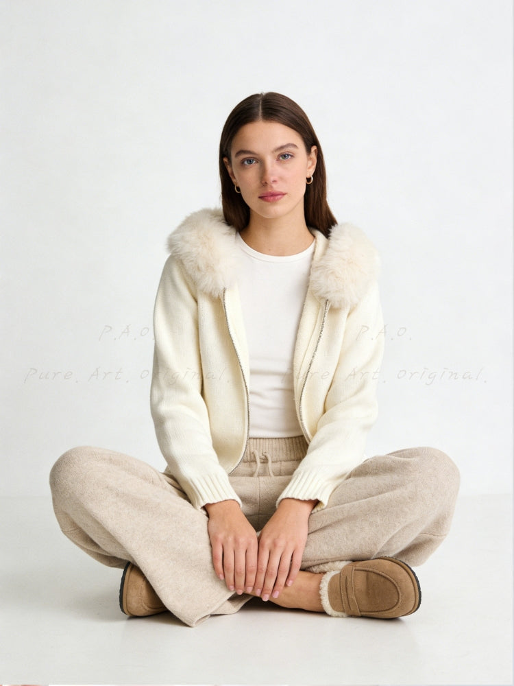 Large Faux Fox Fur Hooded Zip-Up Cardigan