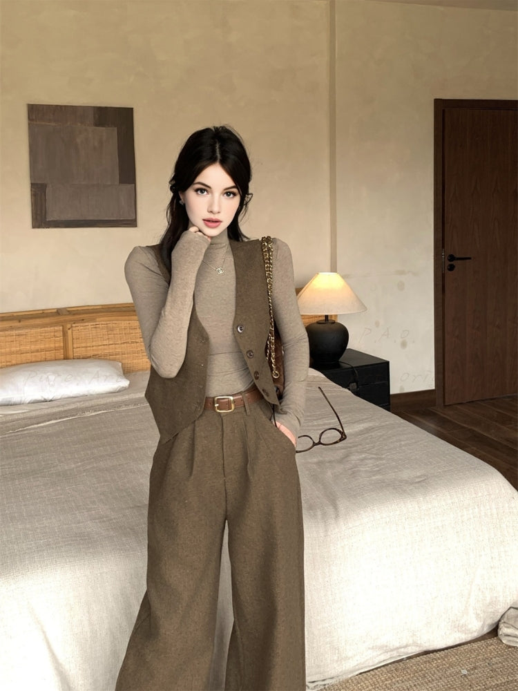 Old Money–Inspired Single-Breasted Vest & Wide-Leg Trousers 3-Piece Set