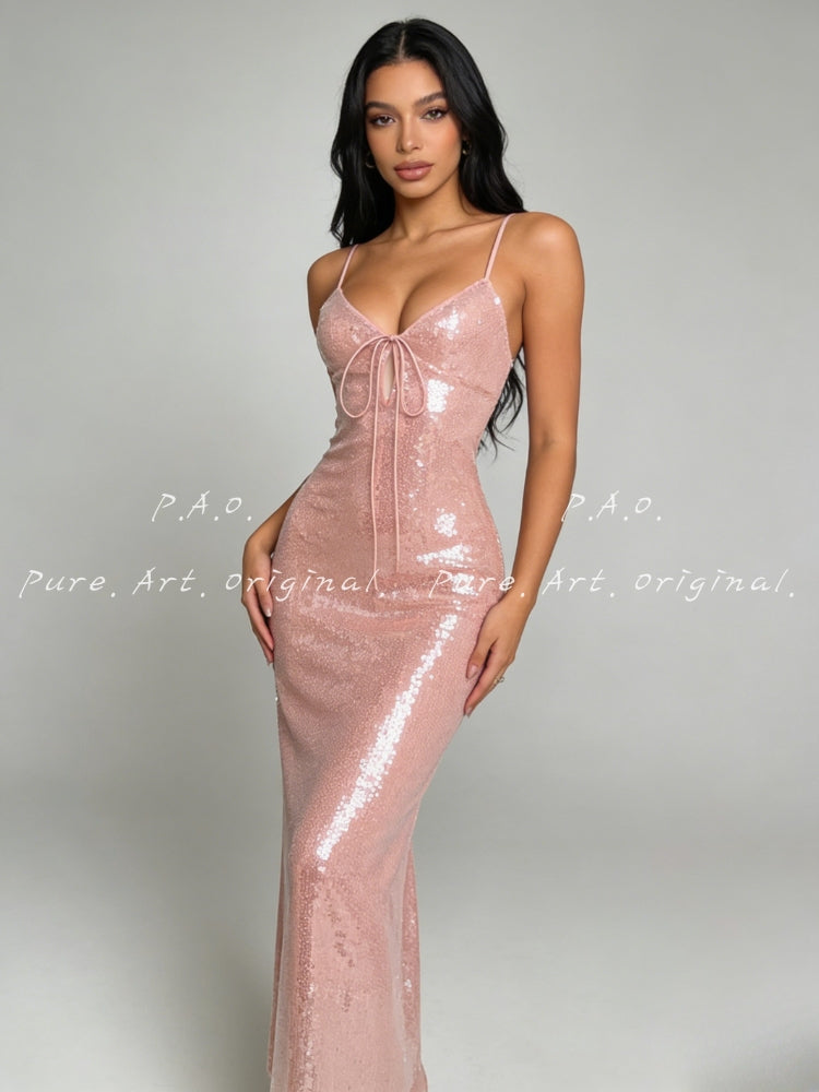 Halter Lace-Up Sequin Mermaid Maxi Dress