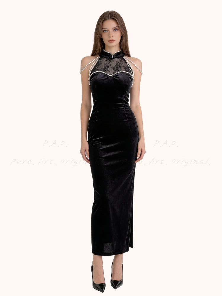 Lace Panel Velvet Midi Dress