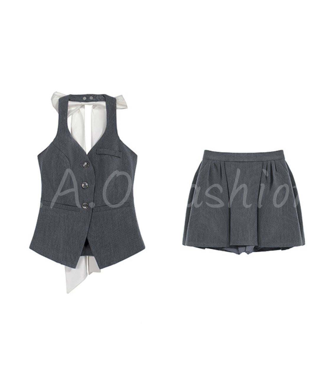Bow-Back Vest & Pleated Mini Skirt Set