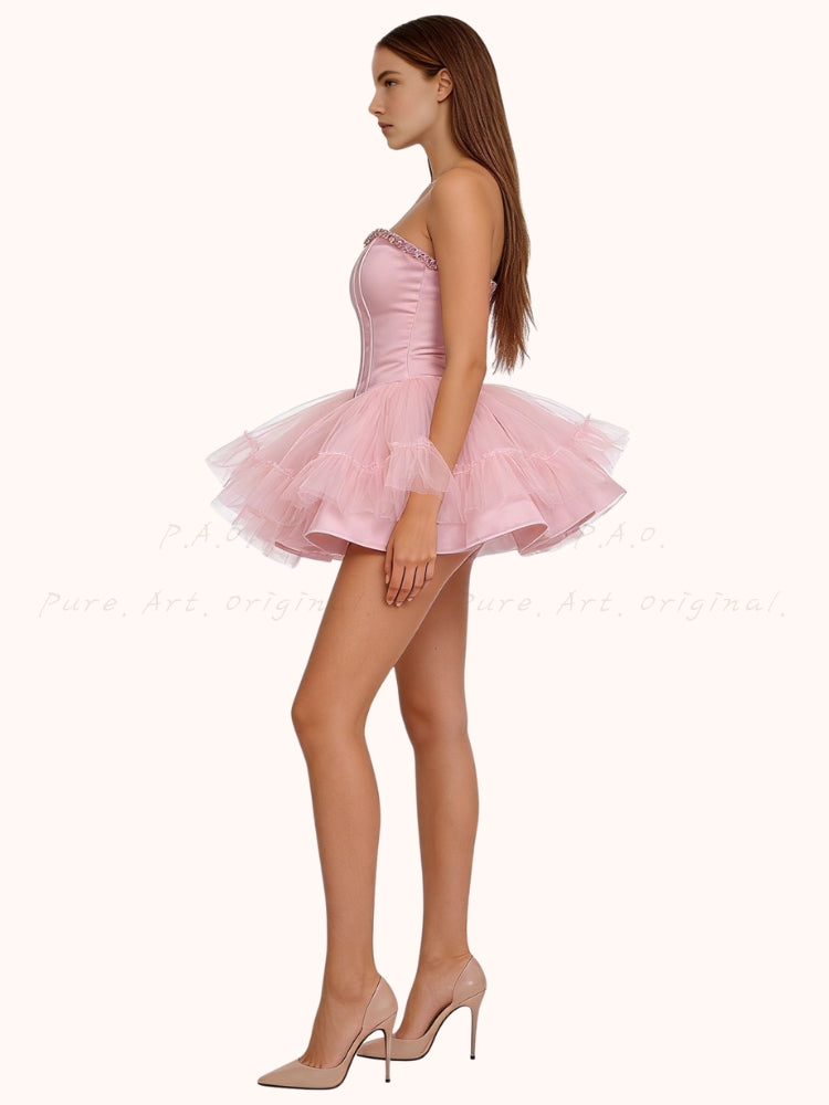 Rhinestone Corset Strapless Puff Mini Dress