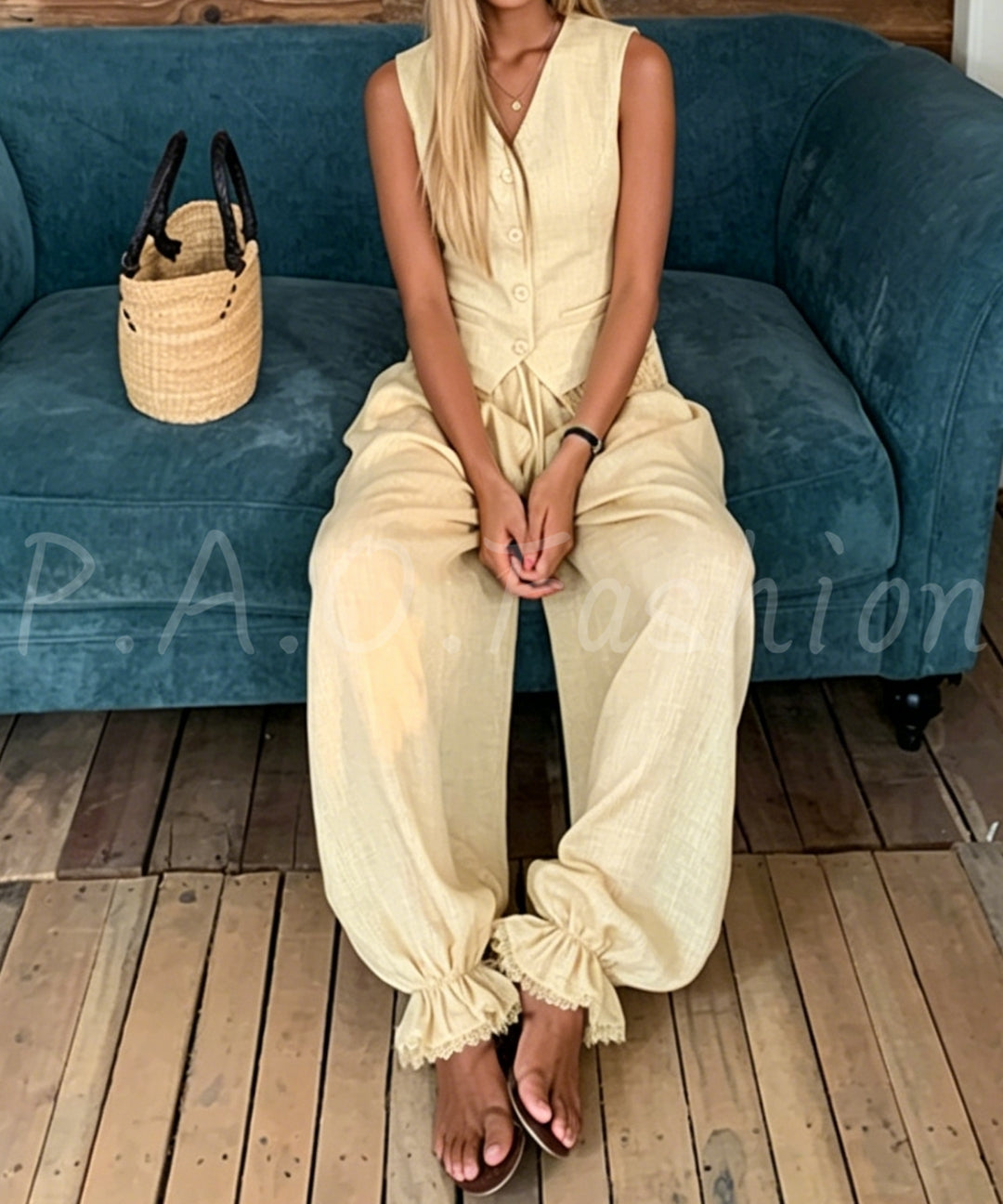 Bohemian Lace Trim Vest & Lantern Pants Set[Available Now]