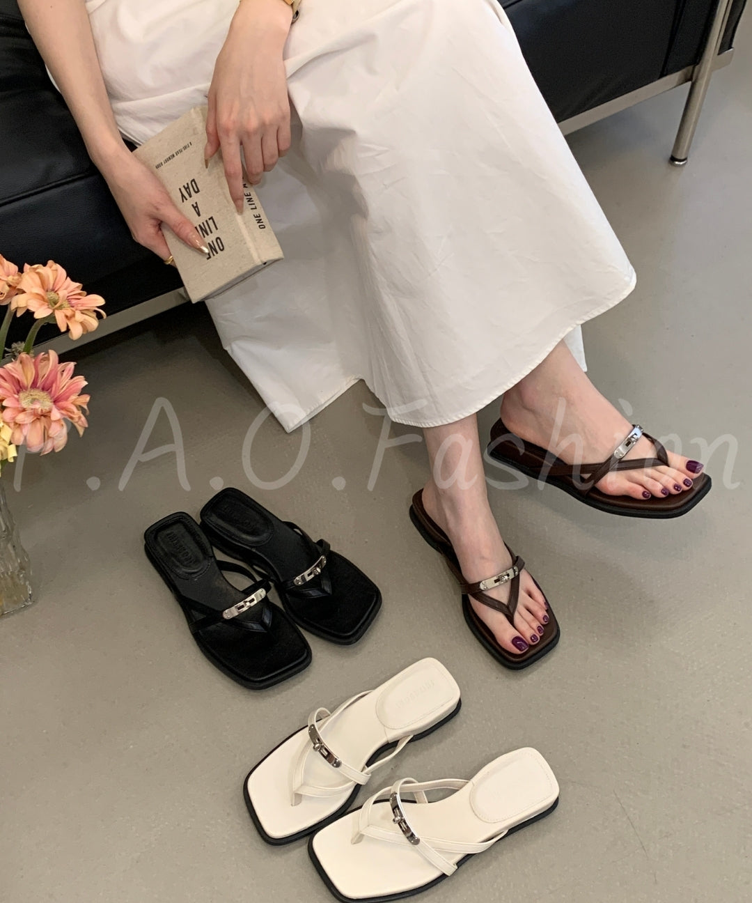 Square Toe Thong Sandals with Metal Detail