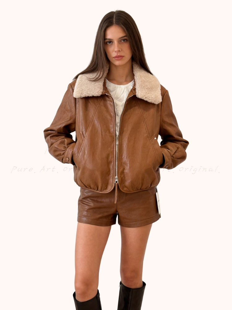 Notched Collar Leather-Style Jacket