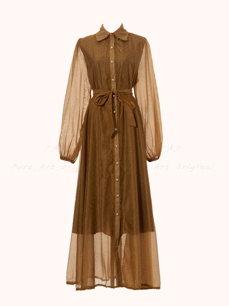 Rhinestone Organza Trim Tie-Waist Maxi Dress