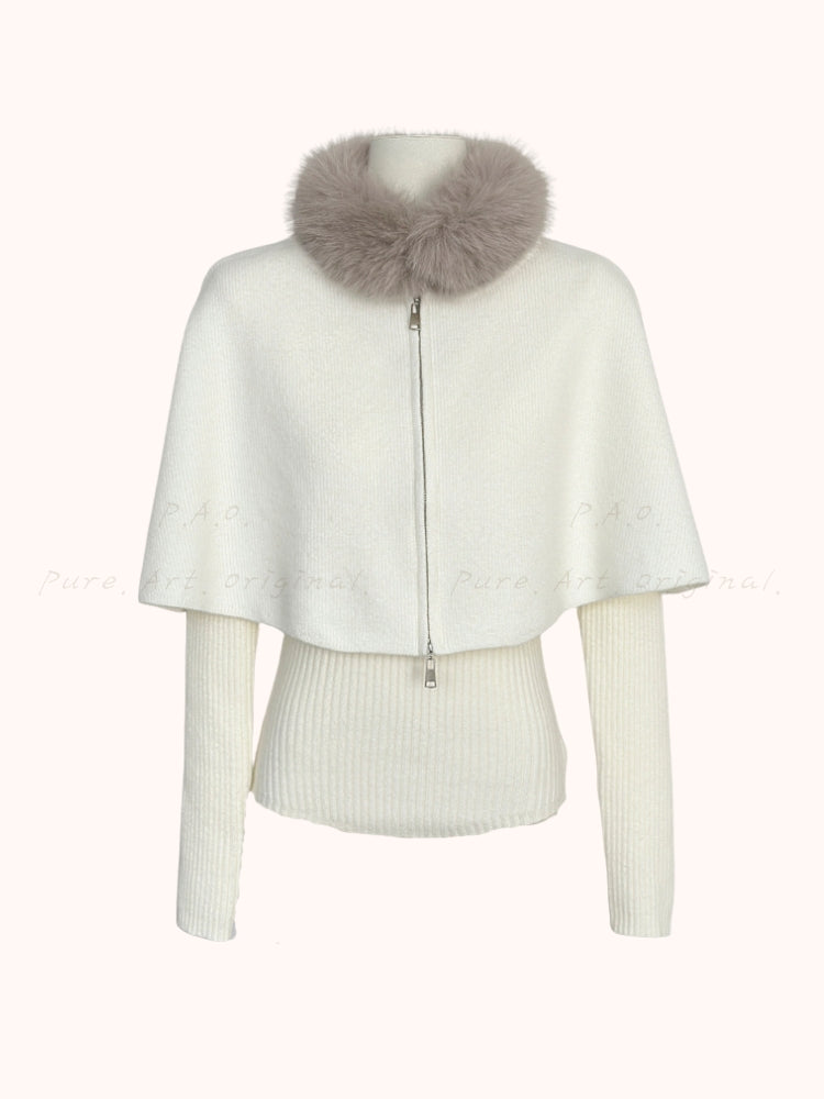 Detachable Faux Fox Fur Collar Cape Sweater Set (Multi-Way Styling)