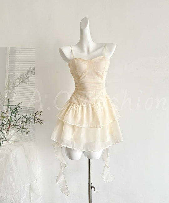 Apricot Tulle Ruched Tiered Mini Dress[Available Now]