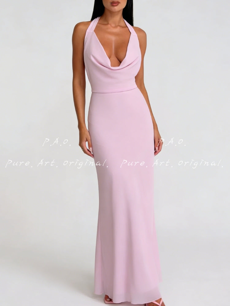 HALTER BACKLESS CHIFFON MERMAID DRESS