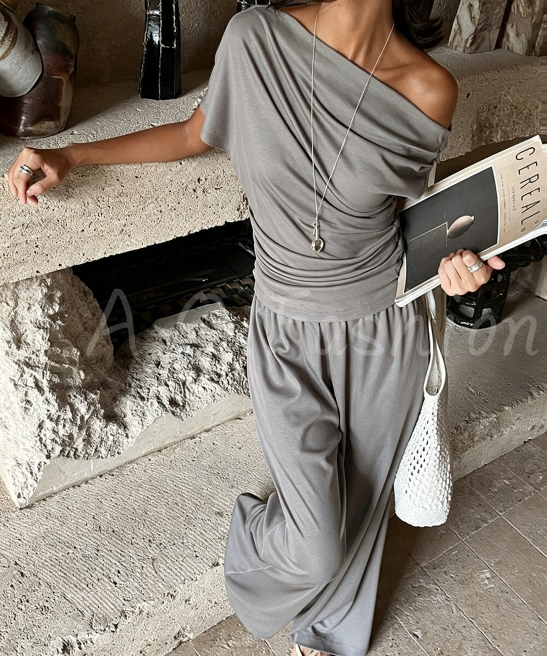 Tencel-Blend Asymmetric Draped Top & Wide-Leg Pants Set[Available Now]