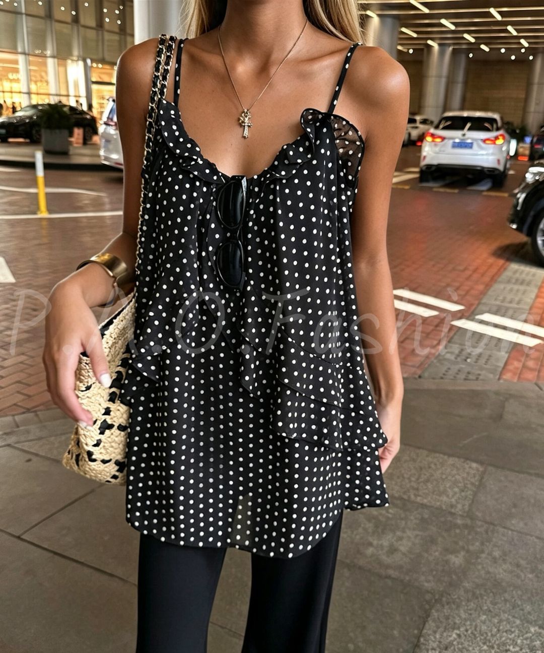French Polka Dot Ruffle Cami & Wide-Leg Pants Set