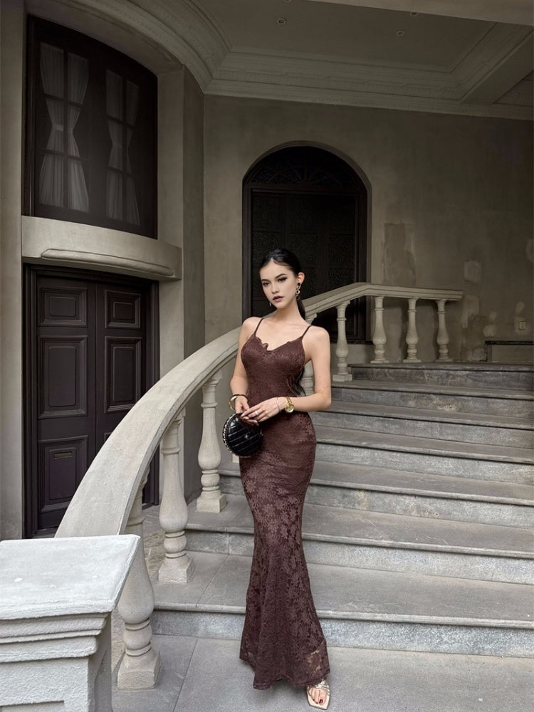 3D Floral Lace Waist-Cinching Maxi Dress