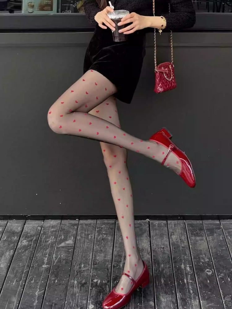 Heart & Polka Dot Patterned Sheer Tights