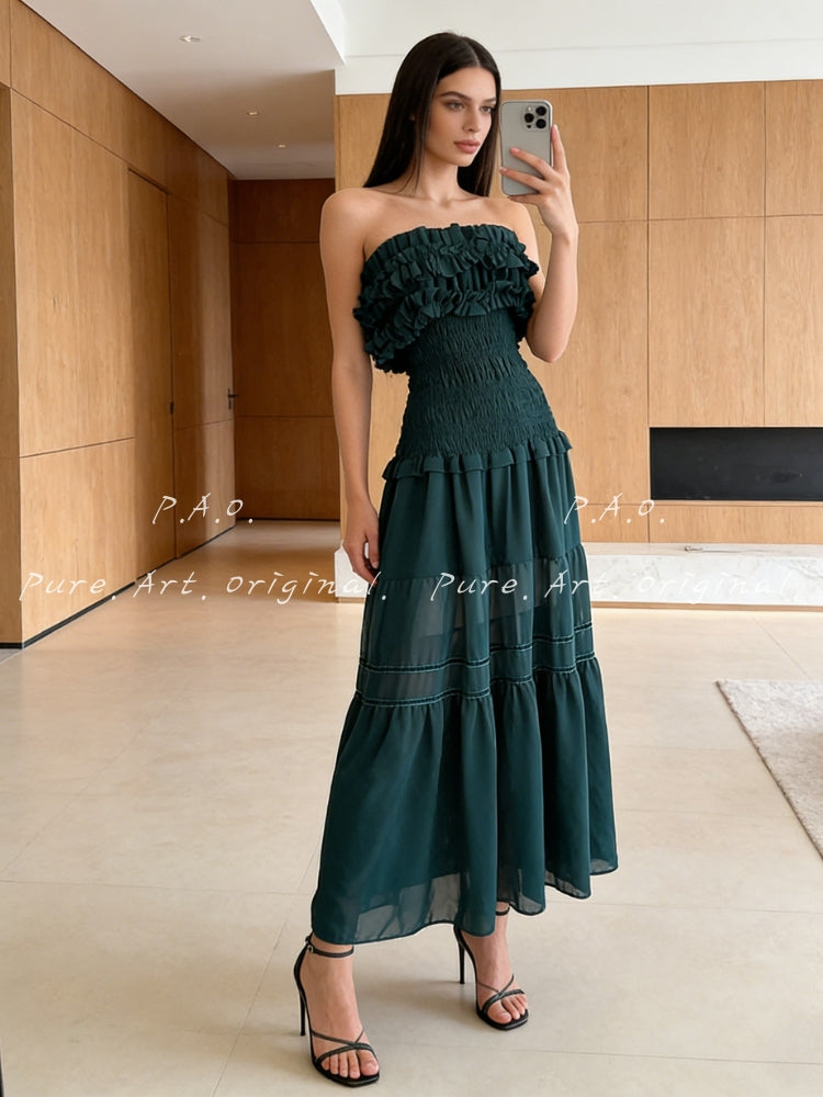 VALENZA STRAPLESS RUFFLE MAXI DRESS