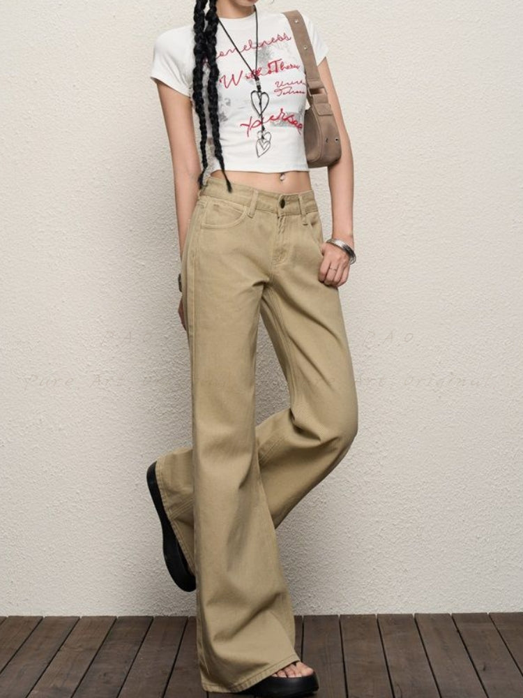 Low-Rise Retro Khaki Flared Trousers