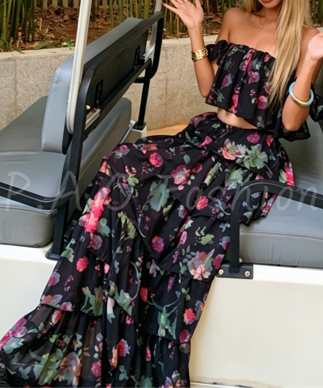 Floral Off-Shoulder Crop Top & Tiered Maxi Skirt Set