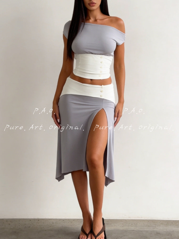 Contrast Off-Shoulder Waist-Cinch Skirt Set