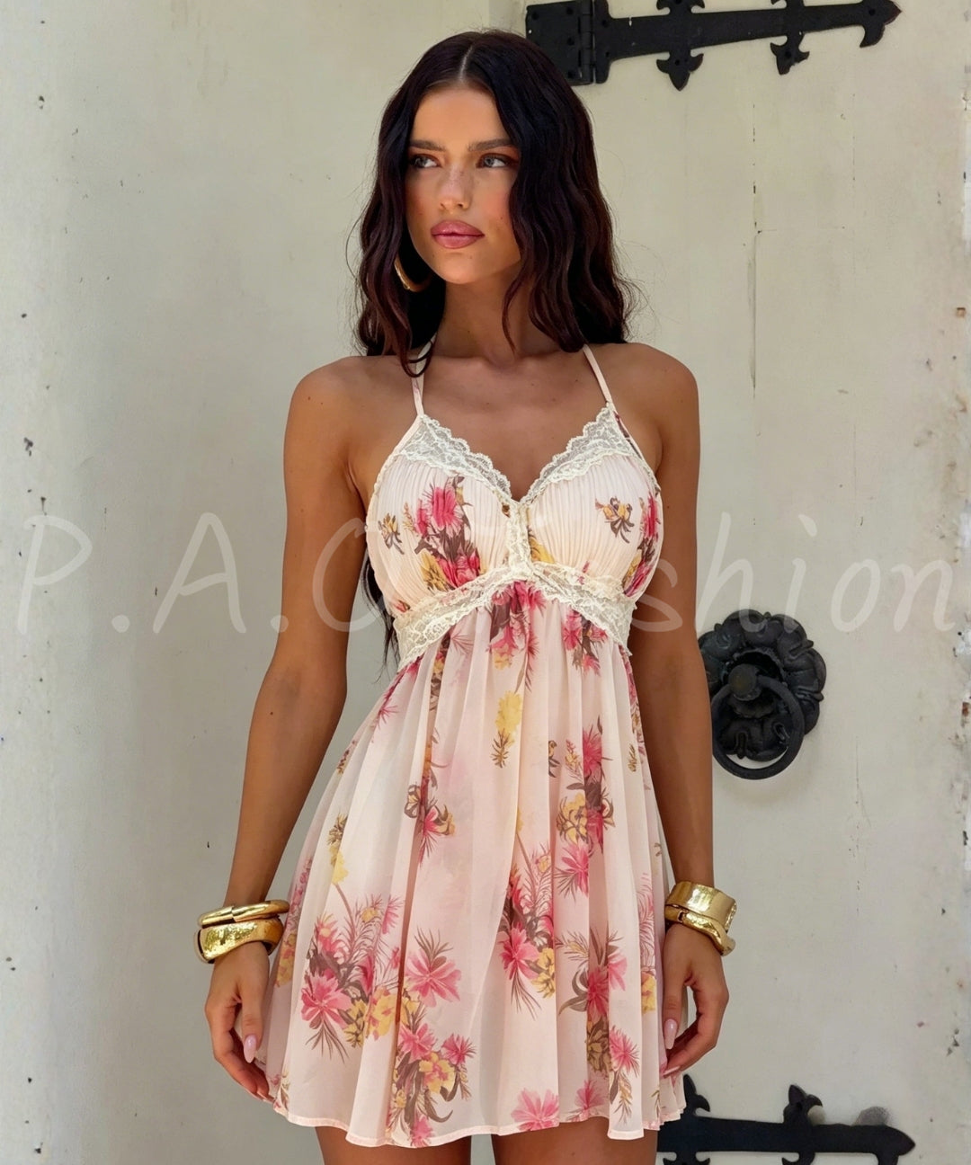 Floral Lace Trim Satin Cami Mini Dress[Available Now]