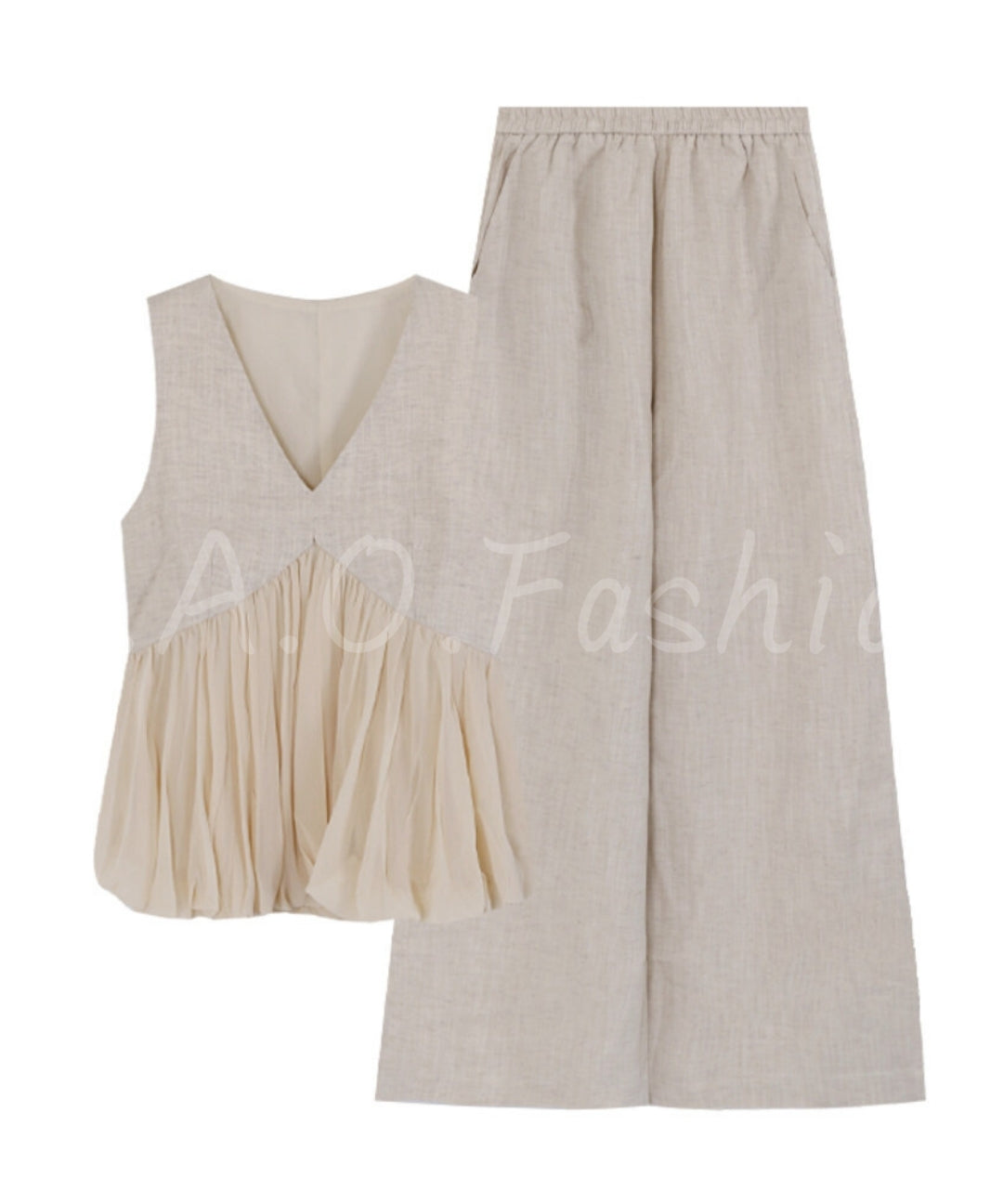 Cotton-Linen Blend V-Neck Sleeveless Top & Wide-Leg Pants Set[Available Now]