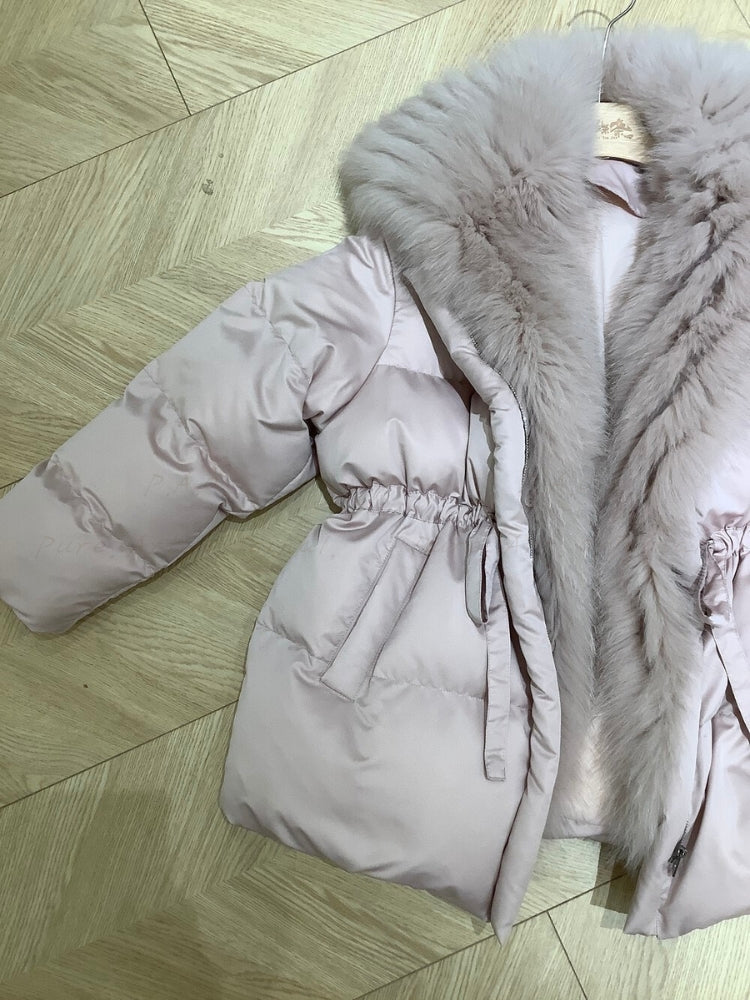 Warm Down Jacket with Turn-Down Collar & Detachable Fur Trim