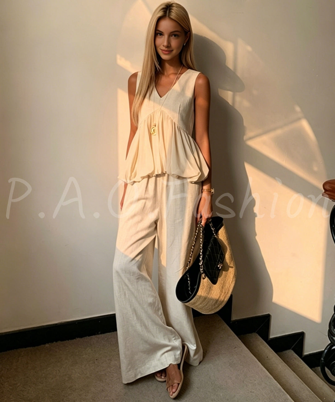 Cotton-Linen Blend V-Neck Sleeveless Top & Wide-Leg Pants Set[Available Now]