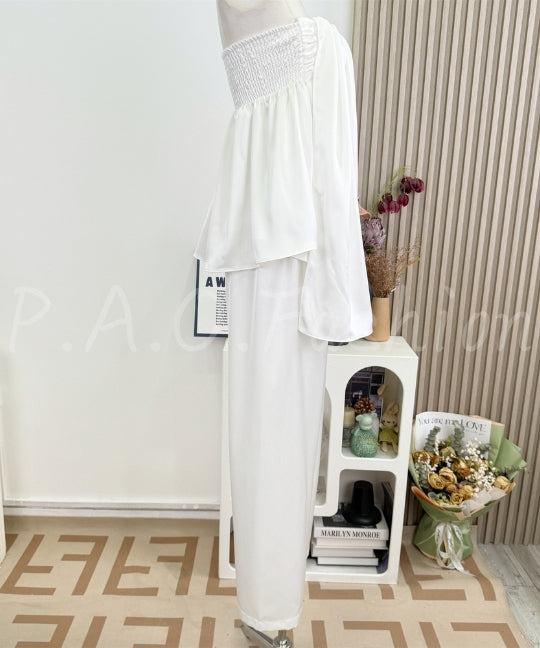 Twist Bandeau Satin Top & Wide-Leg Pants Set