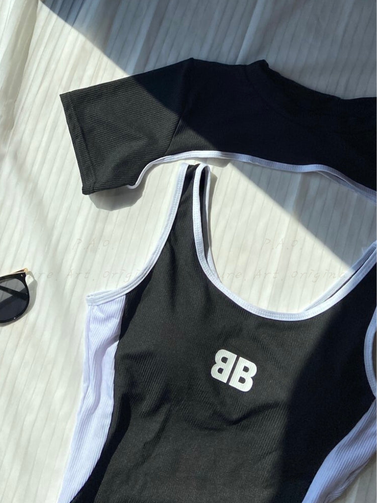 Black & White Colorblock One-Piece Swimsuit Set