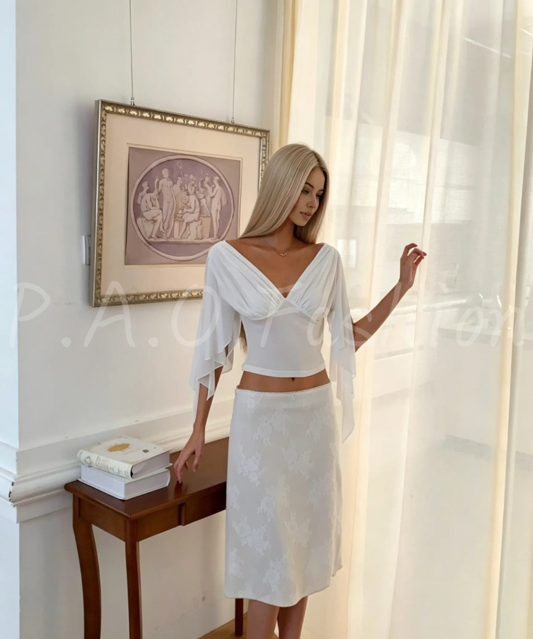 Embellished V-Neck Flutter Sleeve Top & Textured Lace Midi Skirt Set