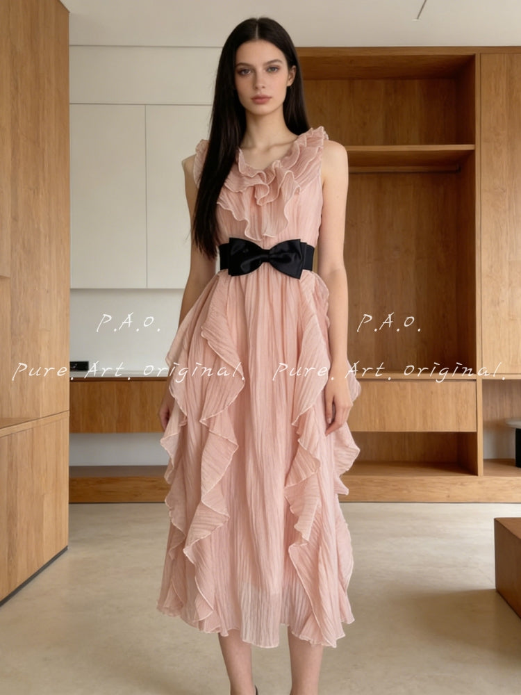 ELARA RUFFLE V-NECK MIDI DRESS