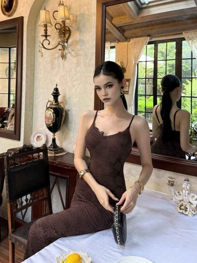 3D Floral Lace Waist-Cinching Maxi Dress