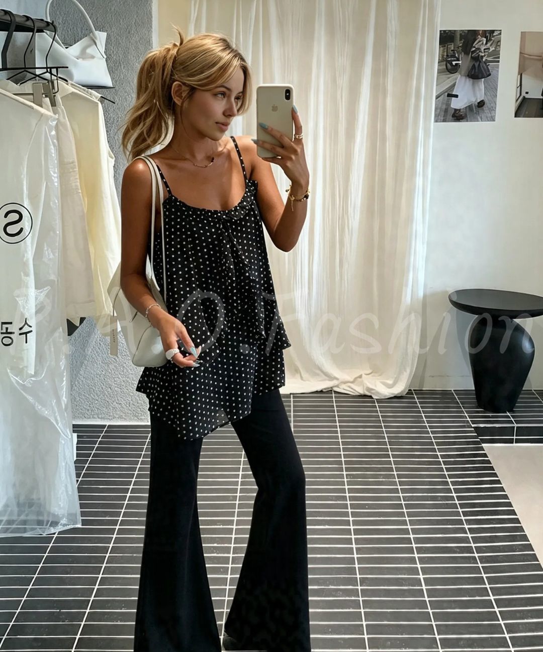 French Polka Dot Ruffle Cami & Wide-Leg Pants Set