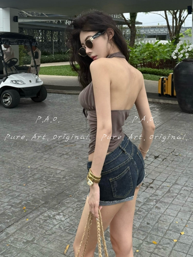 Halter Deep V Ruched Mesh Backless Top