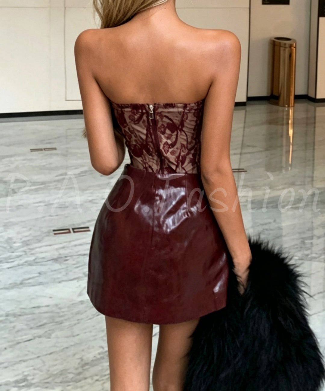 Burgundy Lace Corset Strapless Top & Glossy PU High-Waist Skirt Two-Piece Set