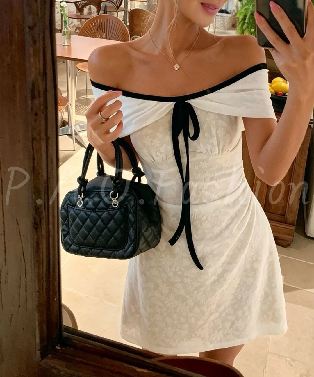 Contrast Trim Off-Shoulder Jacquard Mini Dress