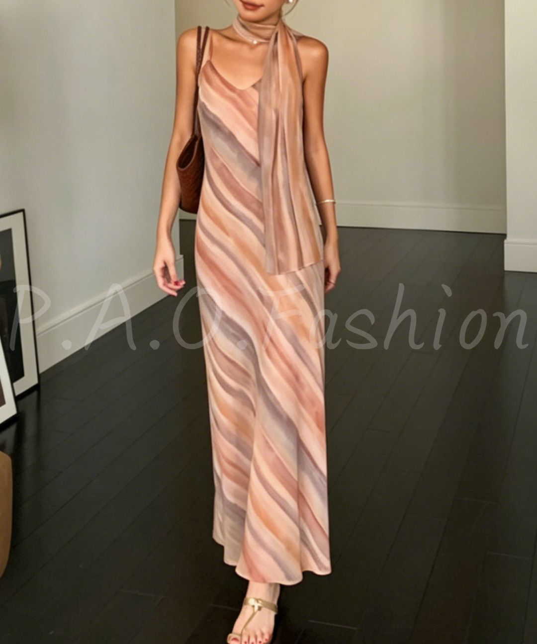 Watercolor Print Scarf-Tie Mermaid Maxi Dress
