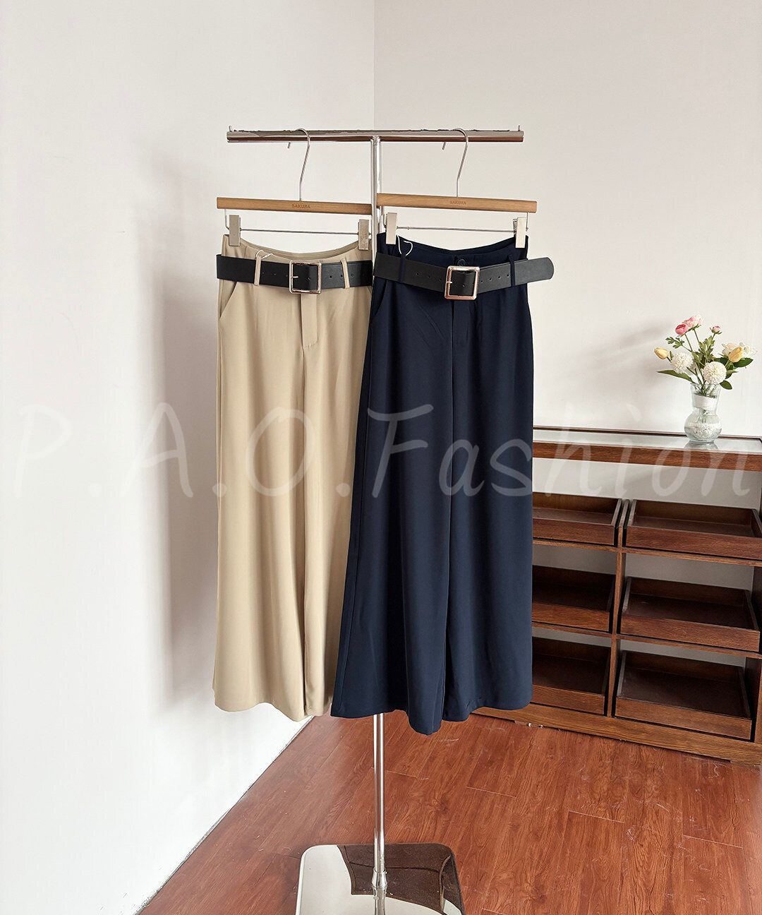 High Waist Draped Wide Leg Suit Pants with Belt