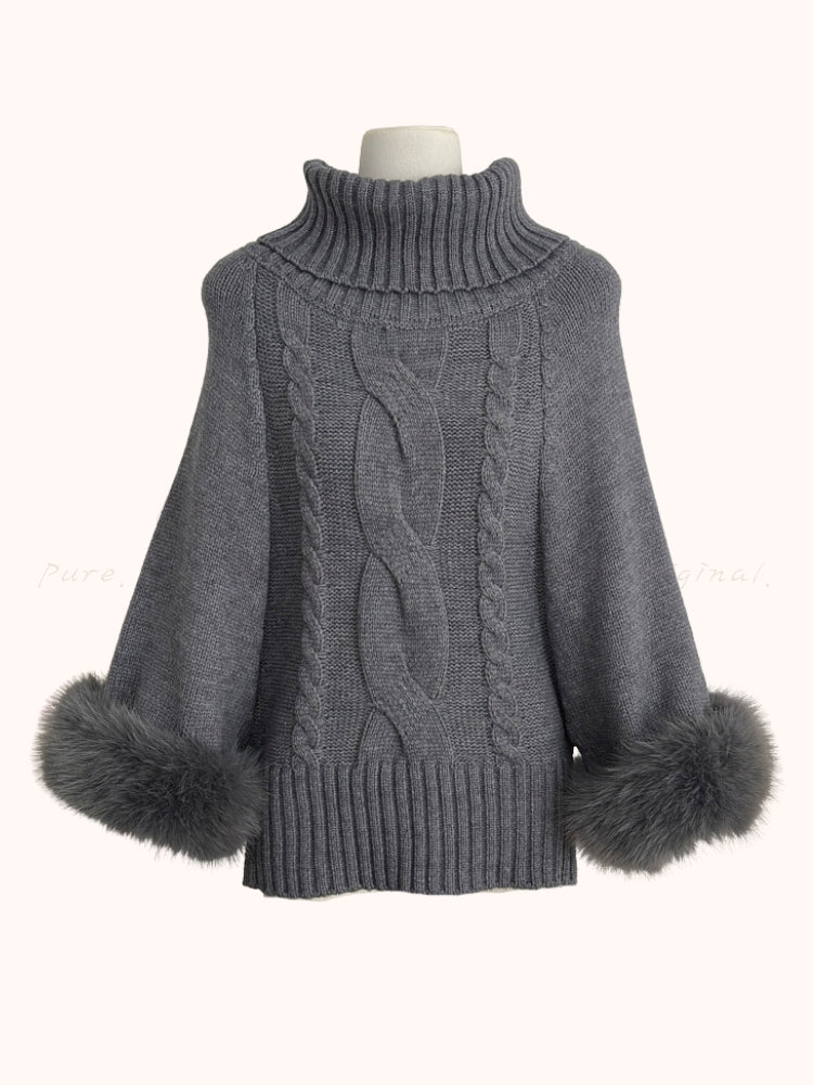 Faux Fox Fur Cuff Turtleneck Wool-Blend Cable Knit Sweater