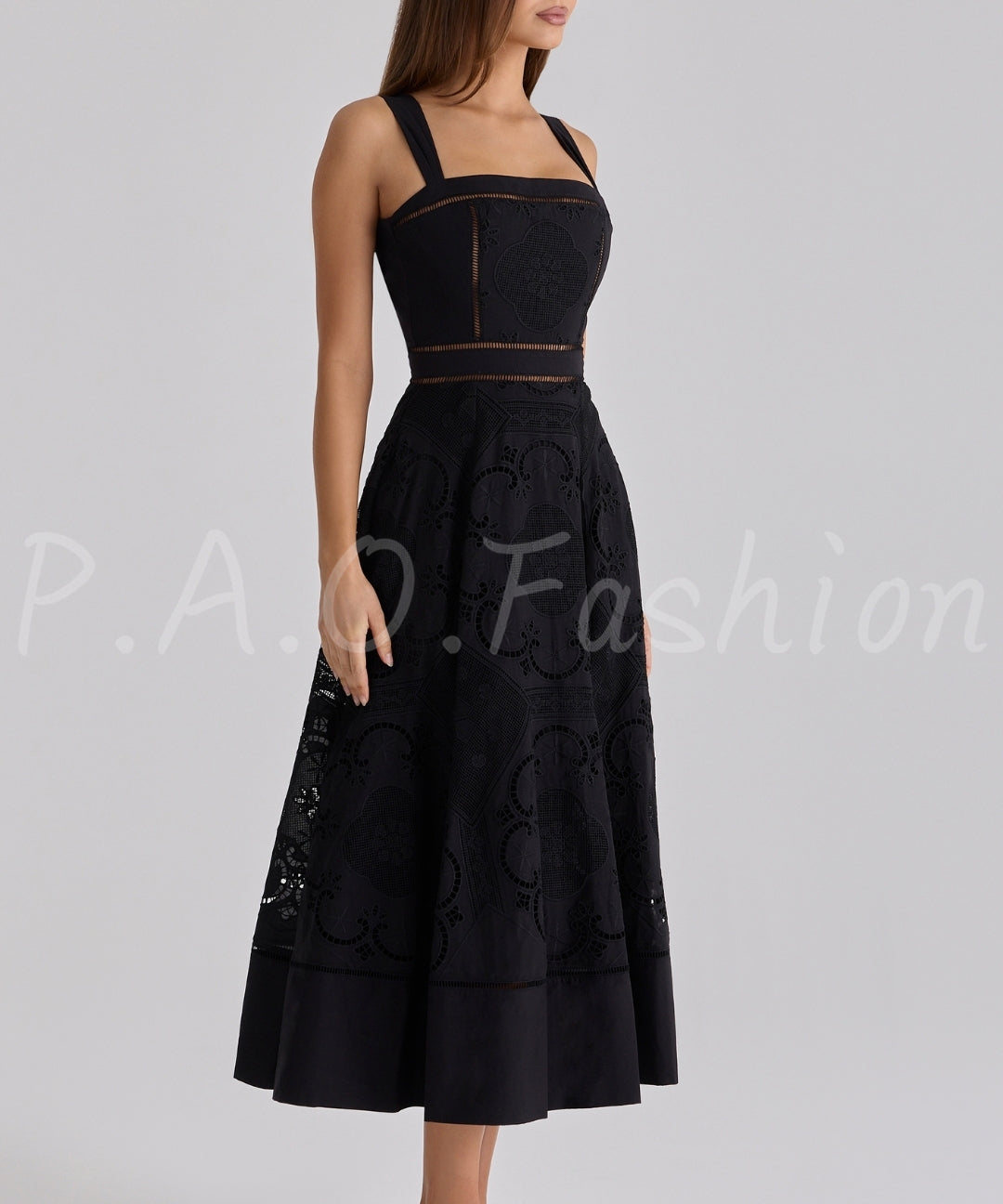 Broderie Anglaise Placement Square Neck Midi Dress[Available Now]