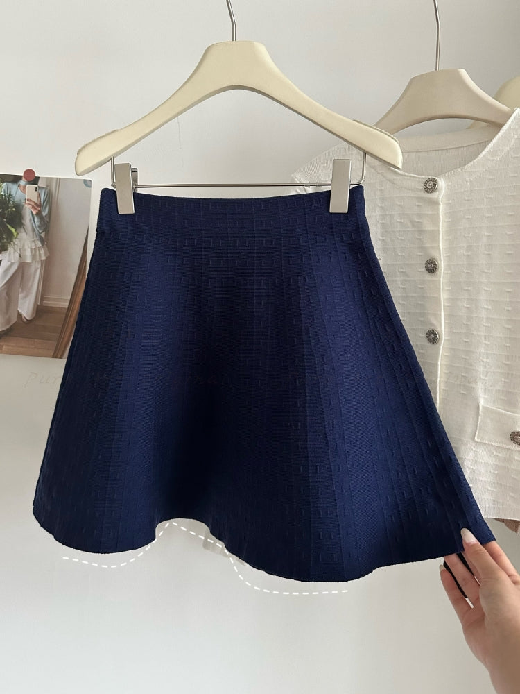 Rhinestone Brooch Jacquard Knit Cardigan & Waist-Defining Mini Skirt Two-Piece Set