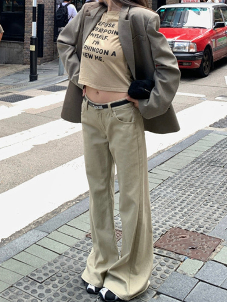 Light Khaki Straight-Leg Casual Flared Pants
